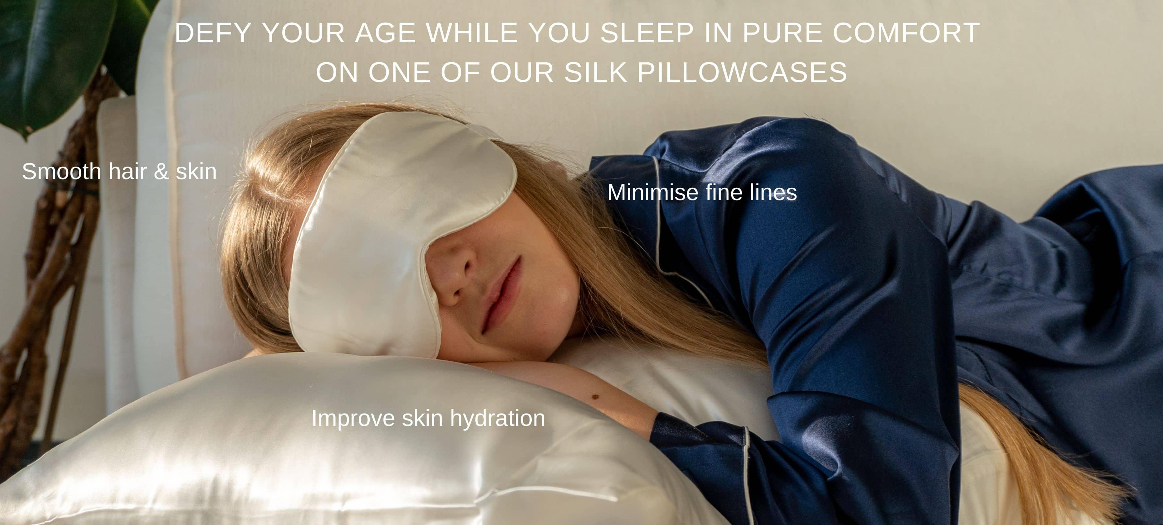 Woman sleeping on a silk pillowcase by Silk Closet wearing an eye mask and silk pajamas
