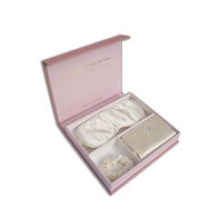 Silk closet ivory pillowcase set including eye mask and scrunchie. In box