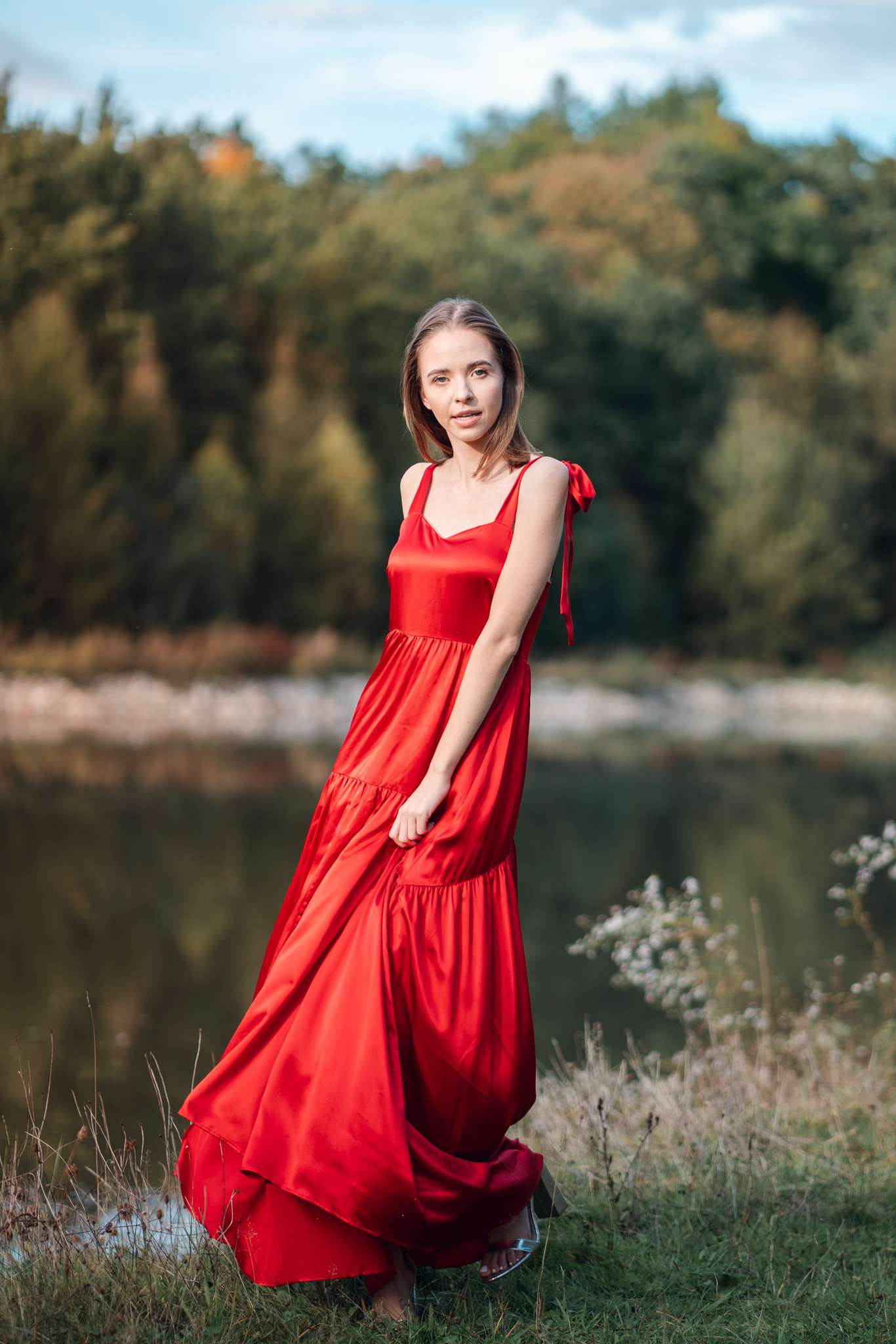 Beautiful red silk maxi dress with tiers and bows. Floaty design