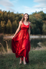 Beautiful red silk maxi dress with tiers and bows