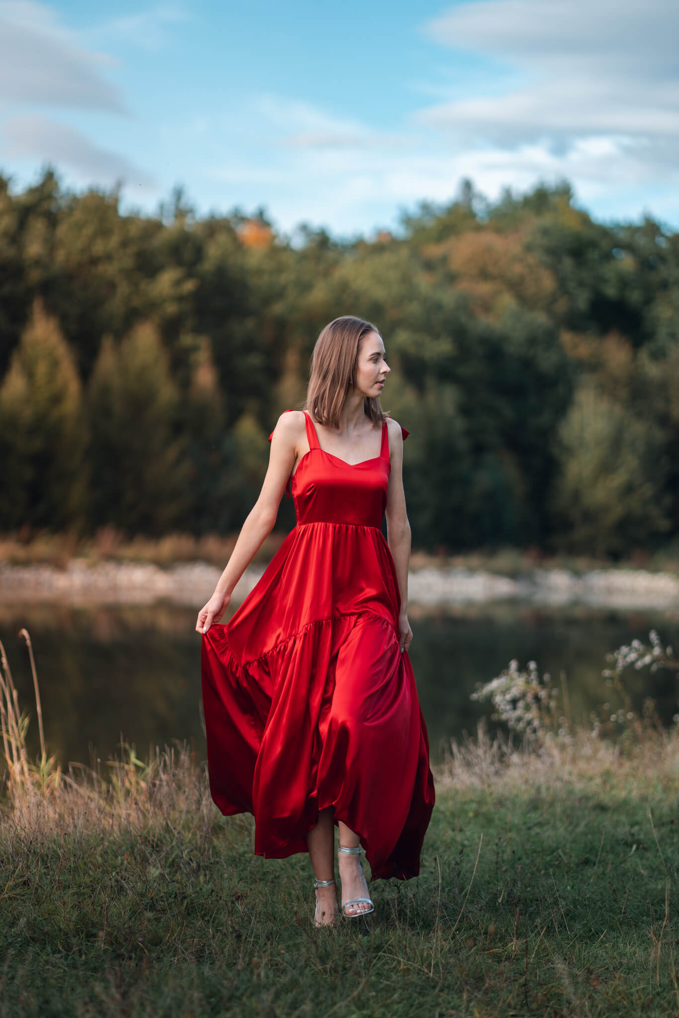  Beautiful red silk maxi dress with tiers and bows. Pure silk