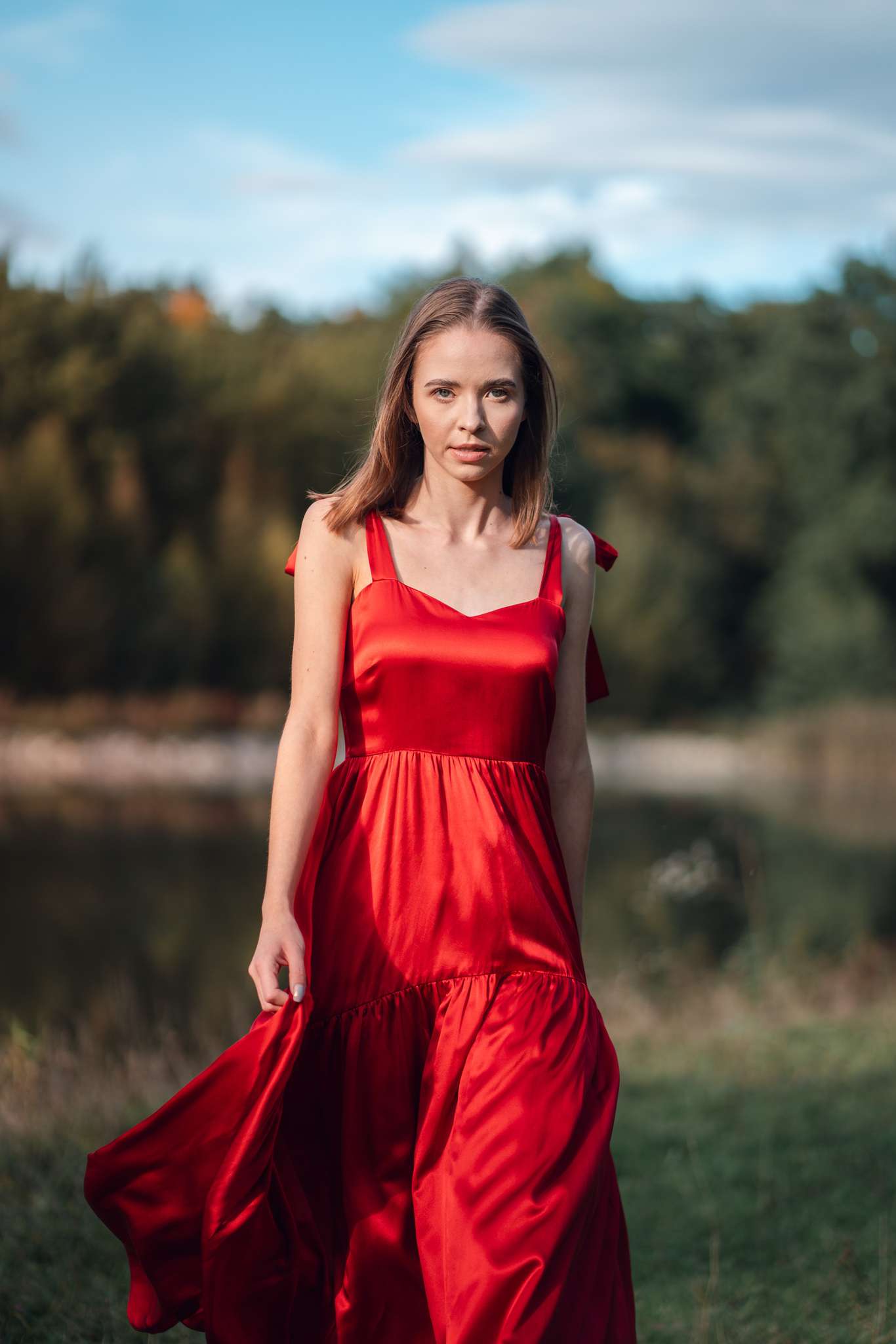 Beautiful red silk maxi dress with tiers and bows. Sweetheart neckline