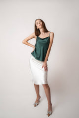 Silk Closet ivory silk midi slip skirt with green camisole top in studio