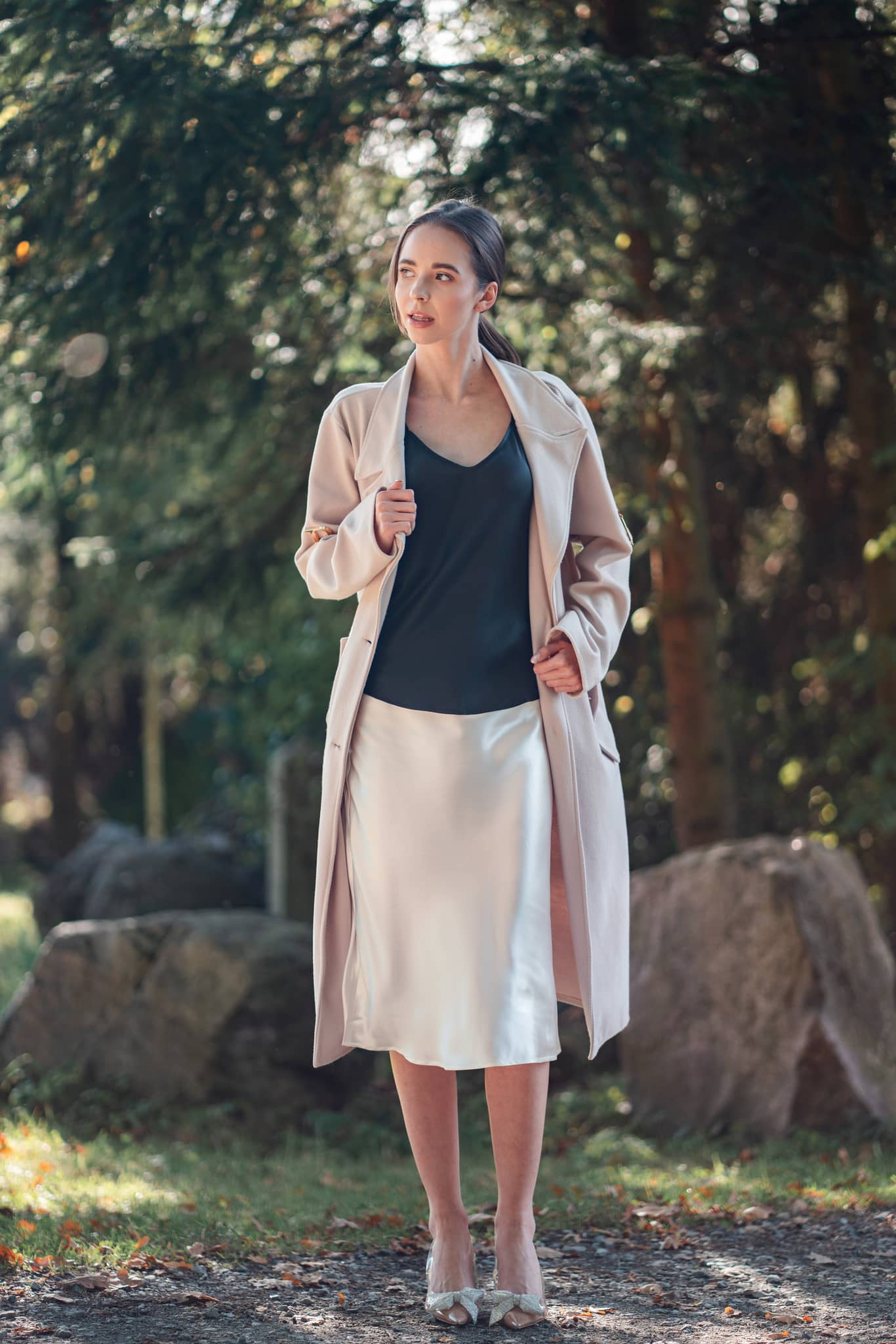 Silk Closet ivory silk midi slip skirt with black camisole top with coat