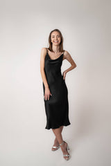 Silk Closet cowl neck black slip midi dress