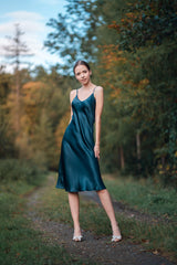 Silk Closet navy blue silk slip dress. Luxury evening dress.