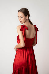 Beautiful red silk maxi dress with tiers and bows back view